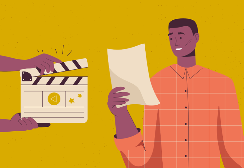 Illustration of a person holding a script while a film clapperboard is held in front of them against a yellow background.
