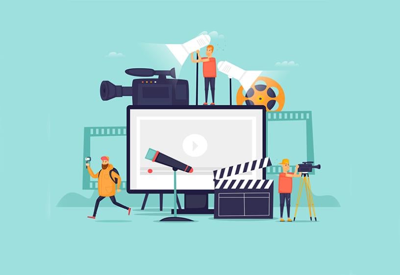 An illustration of film iconography over a turquoise background.