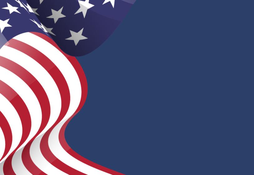 An American flag waves over a blue background.