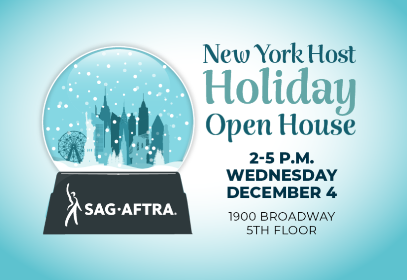 NY Host Holiday Open House New York Host Holiday Open House invitation with a winter snow globe showing a city skyline.