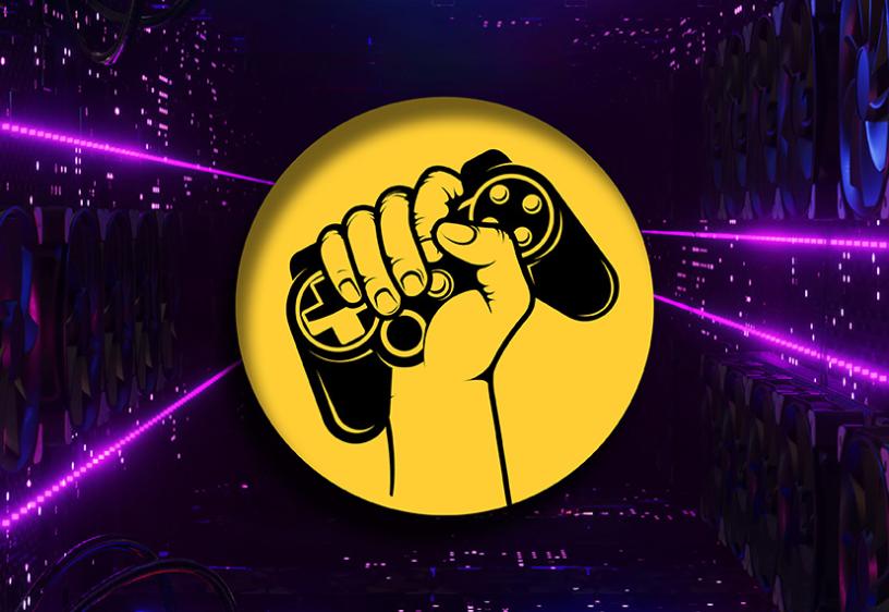 Graphic of hand holding game controller in a gold circle on a purple and black background