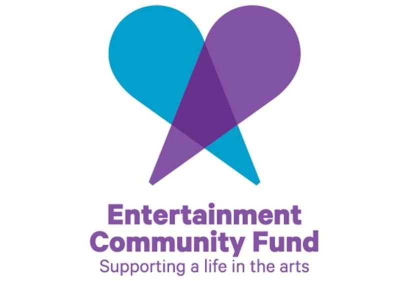 Logotipo destacado en cian y morado para el Fondo de la Comunidad de Entretenimiento