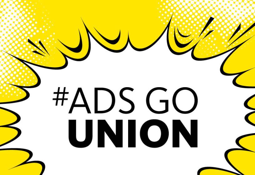 #AdsGoUnion #AdsGoUnion logo on white splatter image with yellow background