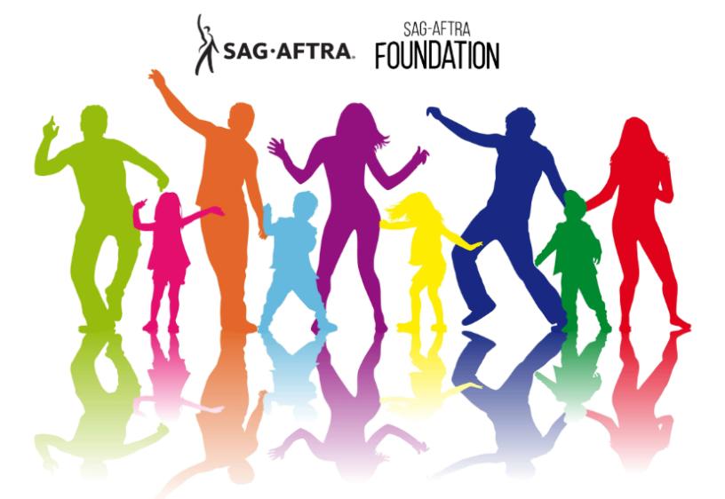 Sobre un fondo blanco, siluetas coloridas de niños y adolescentes bailando. Sobre ellas, los logotipos de SAG-AFTRA y SAG-AFTRA Foundation en texto negro.