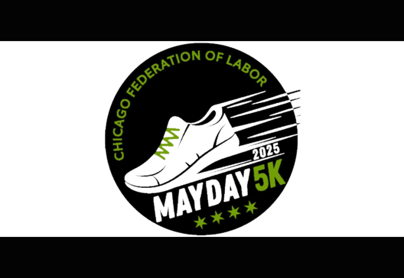 Graphic of the CFL May Day 5k with a white shoe, white writing, and green accents