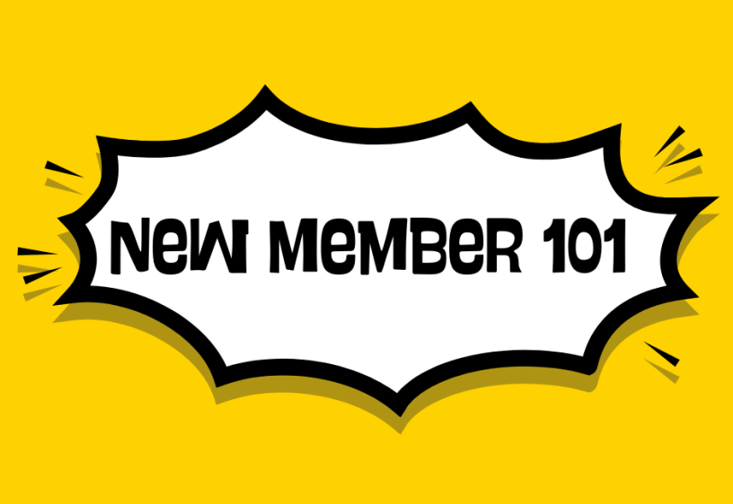 Nuevo miembro 101 Las palabras "nuevo miembro 101" en negro sobre una forma de ráfaga blanca sobre un fondo amarillo
