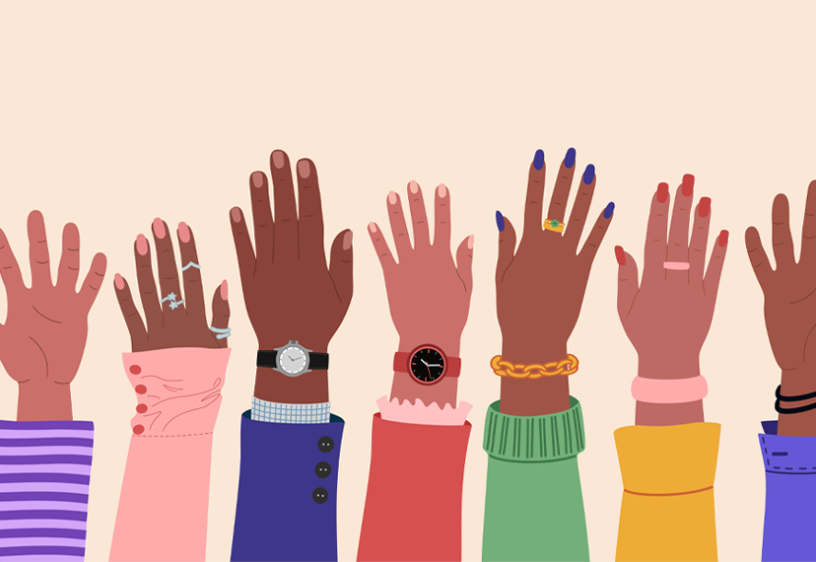 Seven arms raised in different skin tones with different nail designs and accessories. Each sleeve is a different color starting with the left being purple, then pink, navy, mauve, green, gold, and bright blue. The background is peach colored.