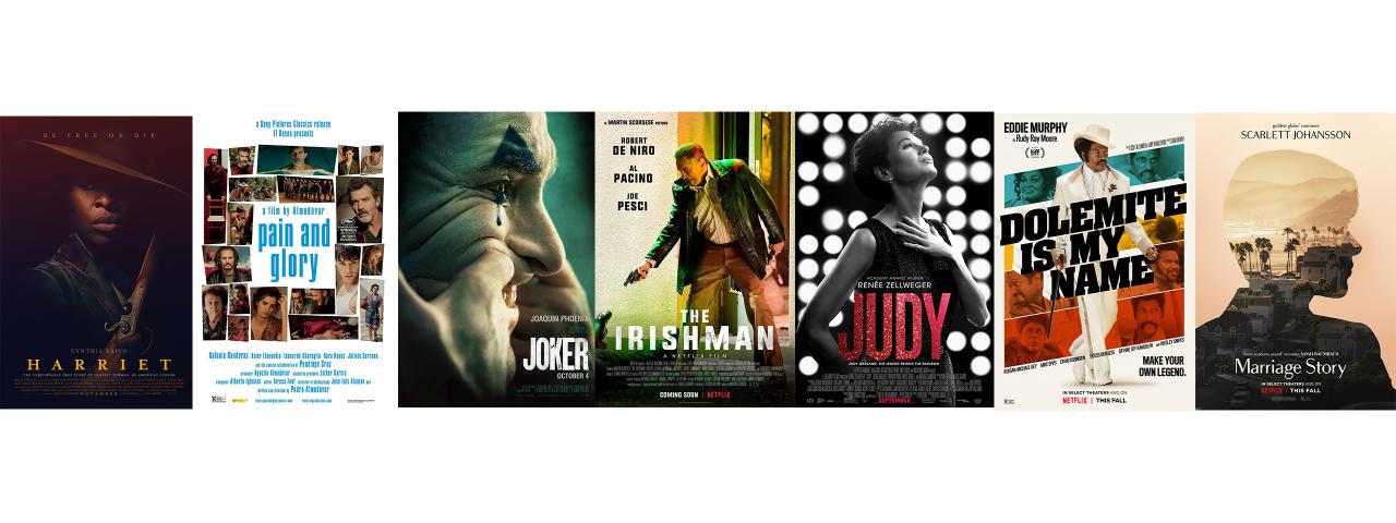 2019-2020 LA Film Society Opening Lineup Movie poster for "Harriet", "pain and glory", "Joker", "The Irishman", "Judy", "Dolemite is my Name" and "Marriage Story"