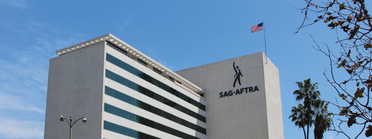 SAG-AFTRA's logo displayed on the SAG-AFTRA Plaza building in Los Angeles. 