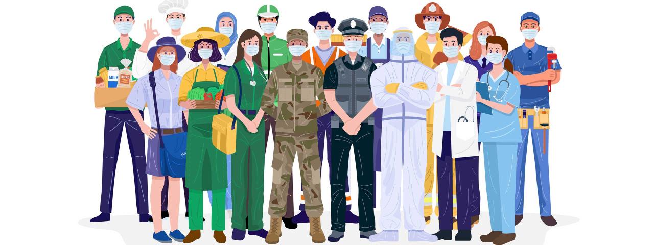Illustration of front-line workers lined up shoulder to shoulder in 3 rows