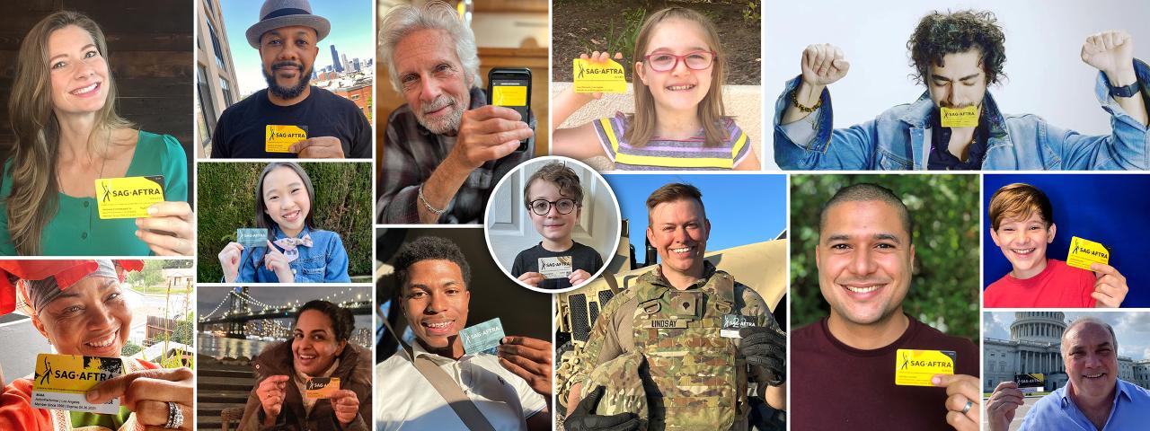 Un collage de miembros de SAG-AFTRA de distintas edades y etnias que sostienen distintas versiones de la tarjeta de membresía de SAG-AFTRA. Cada foto está enmarcada por un borde blanco.
