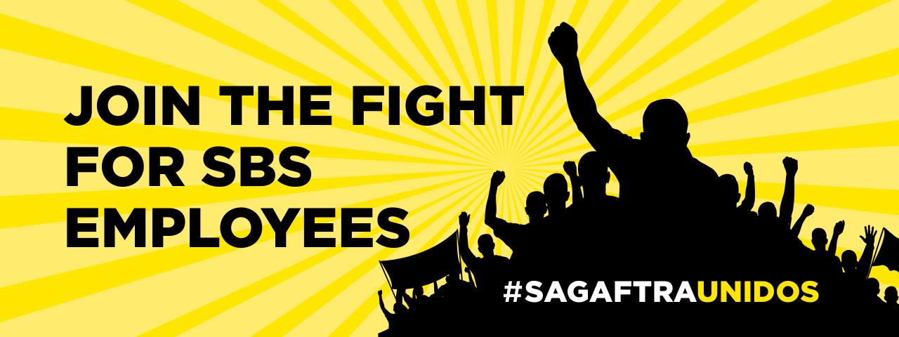 "Stand for fair treatment of SBS Employees" in black with a mountain of people's silhouettes with a yellow array for the background