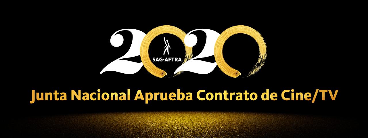 White 2's with gold brush stroke 0's and "Junta Nacional Aprueba Contrato de Cine/TV" centered on 2 lines in gold with gold dust fading out