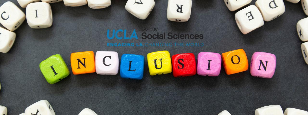 Image of colorful tiles spelling out 'INCLUSION' surrounded by black and white mixed letter tiles.