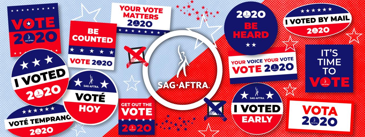 'VOTE' centered in Red to the left of '2020' in blue on a white background. Blue bar above and below 'Vote' w/ white stars and red bar above and below '2020'