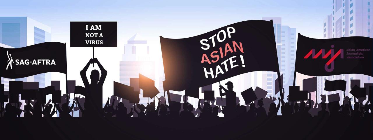 Illustration of people holding signs reading 'Stop Asian Hate' and 'I am NOT a Virus'