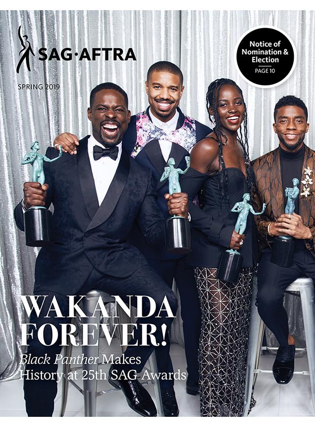2019 Spring Magazine Cover with Sterling K. Brown holding an Actor in each hand, sitting on a stool, Michael B. Jordan standing behind him, Lupita Nyong'o in front of Jordan and to Brown's left, with Chadwick Boseman to her left sitting on a stool.