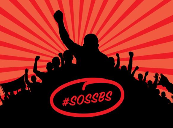 Mountain of people's silhouettes with a dark red and salmon red array for the background and "#SOSSBS" in red centered inside of the silhouette