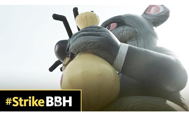 Thumbnail from BBH Picket video. Image of labor union rat with money bags