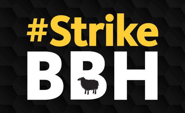 #Strike in yellow on line 1 and BBH in white on Line 2 with a sheep in the lower half of the 2nd B on a black honeycomb background
