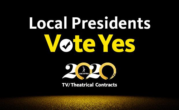 "Presidentes locales" en blanco en la Línea 1, "Vote Sí" en amarillo en la Línea 2 y el logo "2020 TV / Theatrical Contracts" debajo, todo centrado en un fondo negro con brillo dorado en la parte inferior.