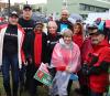 UTLA Teacher Strike Group shot of members wearing SAG-AFTRA shirts and raincoats