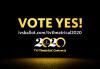 Vote Yes "VOTE YES!" across the top in gold with 2020 TV/Theatrical logo in the center and ivsballot.com/tvtheatrical2020 in white across the botom