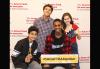 Four young individuals--three boys and one girl--stand with props in front of The Actor's Fund backdrop. Four young individuals--three boys and one girl--stand with props in front of The Actor's Fund backdrop.