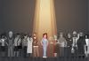 Background Actors in the Spotlight Illustrated people from multiple professions in shades of grey with a yellow spotlight centered on a woman in a light blue suite