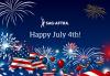 July 4th Holiday Closure "Happy July 4th" in white with firewords and stars and stripe stars