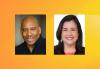 Contra un degradado naranja, una foto de la cabeza del presidente local de SAG-AFTRA New York, Ezra Knight, a la izquierda, NY Local Exec. Dir. Rebeca Damon. Imagen destacada de "Los locales de SAG-AFTRA NY se unen al equipo de revitalización de la producción del alcalde"
