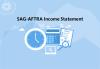 "SAG-AFTRA Income Statement" in black on 3-tone blue background. Below text is a blue clock with white hands and frame, blue calculator, white laptop with a pointer in the middle of the screen and blue clipboard with white paper on top.