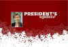"President's Update" with Carteris headshot on right third on a dark red background and overlapping white snowflakes across the bottom.