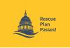 The American Rescue Plan in blue text on a yellow background.