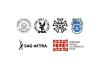 A Message to the Working Professionals in the Entertainment Industry AFM Logo, DGA Logo, IATSE Logo and Teamsters logo on the first row and SAG-AFTRA Logo and WGA, East Logo on the second row, centered on a white background.