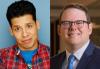 A 2-in-1 headshot of Rudy Solis III and Duncan Crabtree-Ireland. Solis III wears a red plaid shirt over a blue T-shirt. He makes a comical expression.