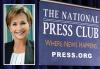 National Press Club Virtual Headliner headshot of Carteris on left with National Press Club logo on right