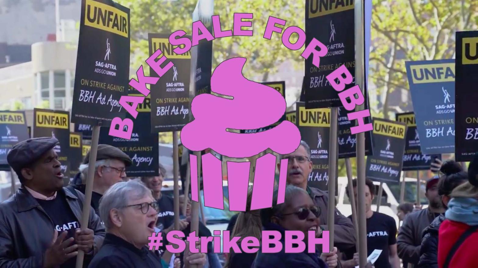 #StrikeBBH Photo of members at the Bake Sale rally in NY with a pink overlay that reads "Bake Sale for BBH #StrikeBBH"