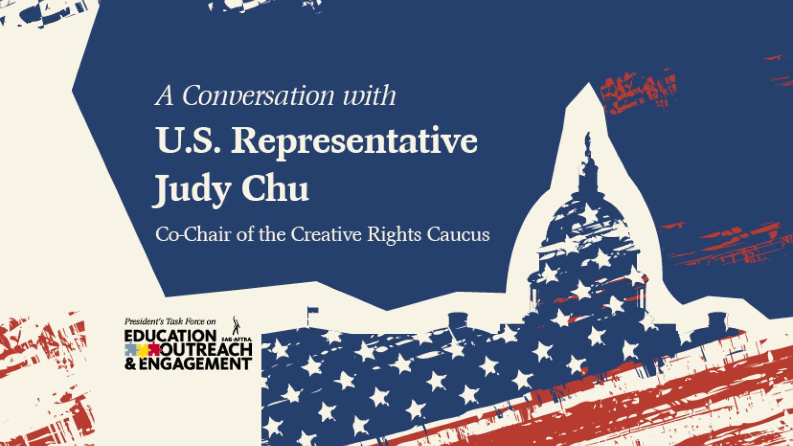 A Conversation with U.S. Representatives Judy Chu (D-CA) and Doug Collins (R-GA) Red white and blue state capitol silhouette