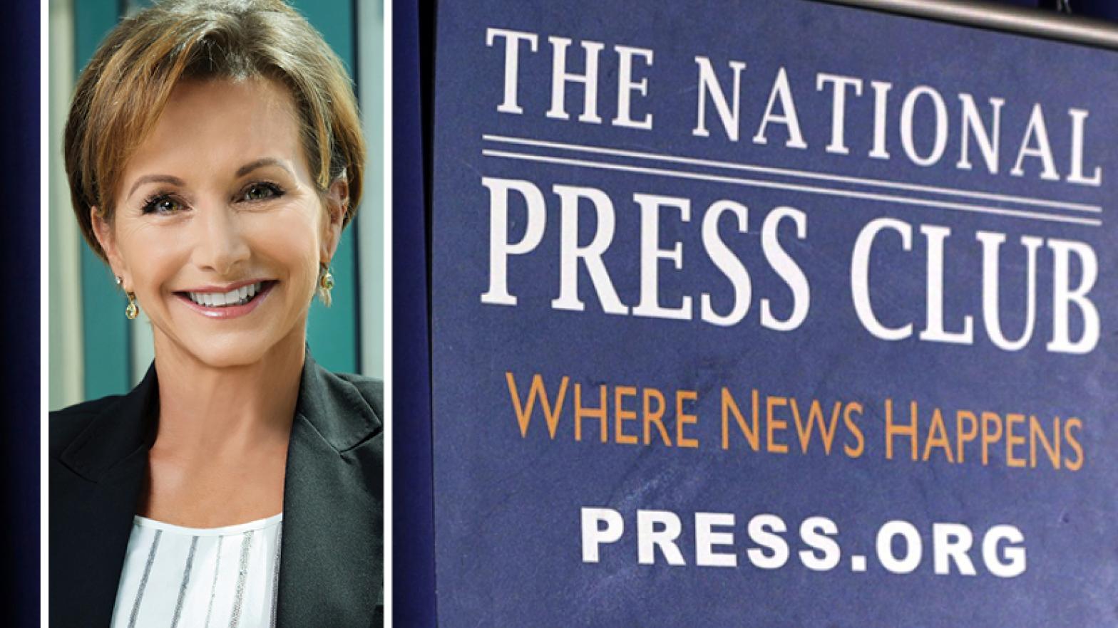 National Press Club Virtual Headliner headshot of Carteris on left with National Press Club logo on right