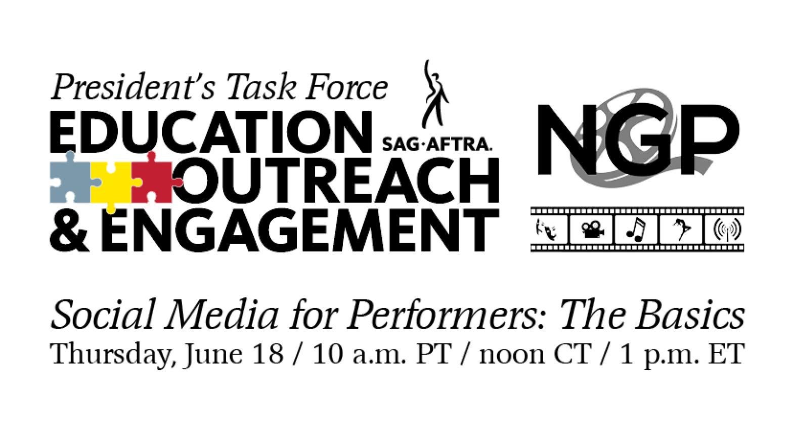 Social Media for Performers: The Basics PTEOE Logo on left with SAG-AFTRA NGP logo on the right with "Social Media for Performers: The Basics" in black italics across the bottom all on a white background.