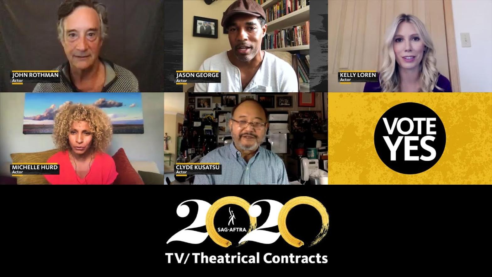 Vote Yes for Groundwork for the Fututre Two rows of thumbnails with 2020 TV/Theatrical logo across the bottom. Row 1 L-R: Rothman, George, Loren. Row 2, L-R: Hurd, Kusatsu and Vote Yes graphic in bottom right with black circle and white text on a yellow background