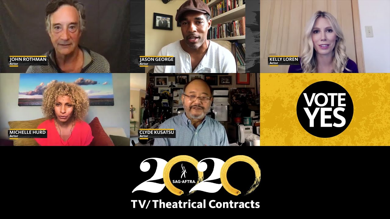 Two rows of thumbnails with 2020 TV/Theatrical logo across the bottom. Row 1 L-R: Rothman, George, Loren. Row 2, L-R: Hurd, Kusatsu and Vote Yes graphic in bottom right with black circle and white text on a yellow background